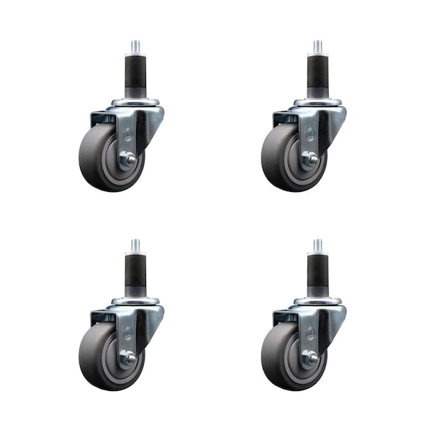 3'' SS Thermoplastic Rubber Wheel Swivel 1-1/4'' Expanding Stem Caster Set, 4PK